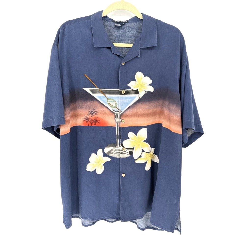 Vtg Tulliano Mens L Silk Camp Shirt Hawaiian Floral Martini Glass Resortwear